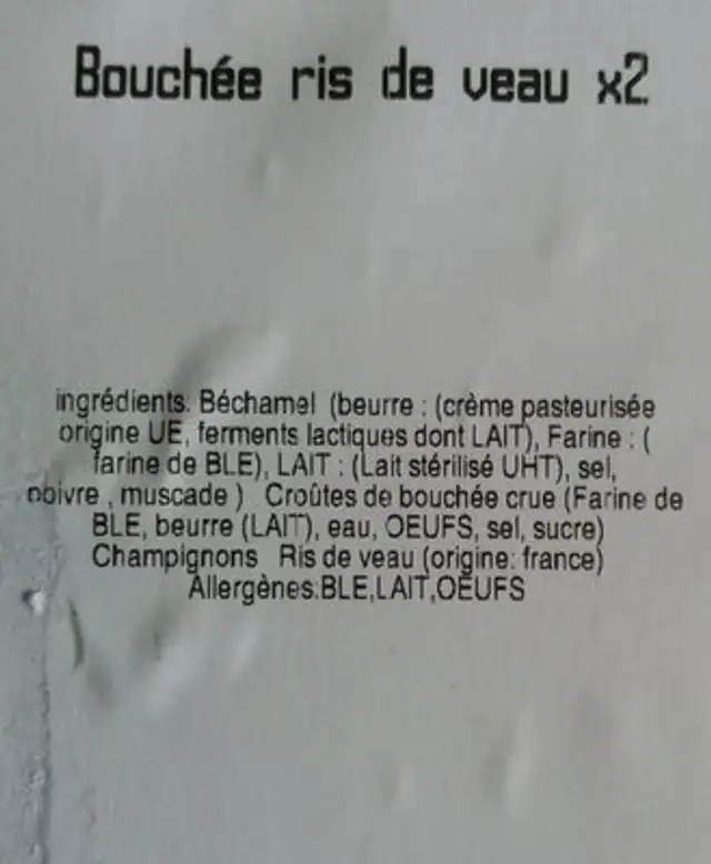 Bouchée de ris de veau nutrition facts table