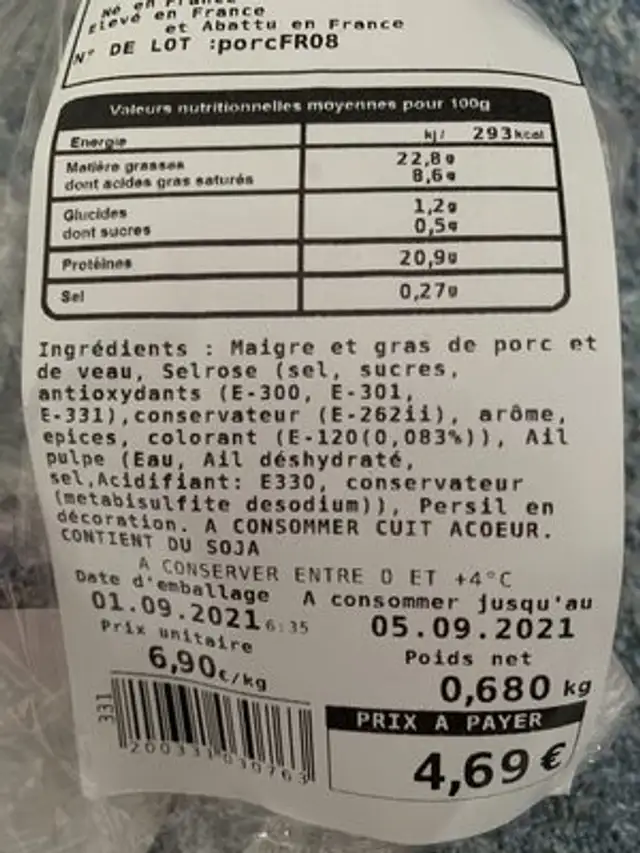 Farce à tomate ingredients label
