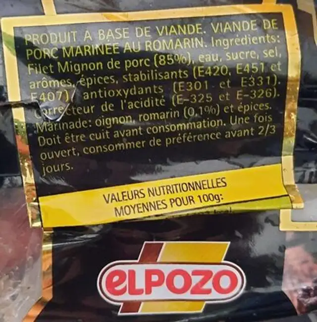 Filet de porc au romarin nutrition facts table
