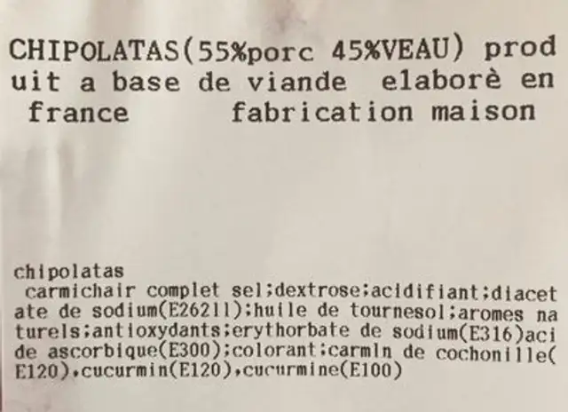 Chipolatas ingredients label