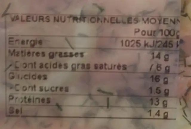 Tartine nordique nutrition facts table