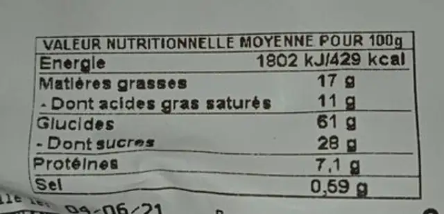 Petite galette nutrition facts table