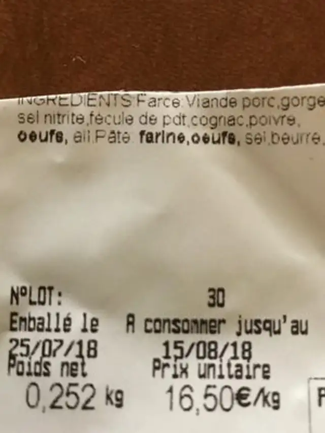 Pâté croûte ingredients label