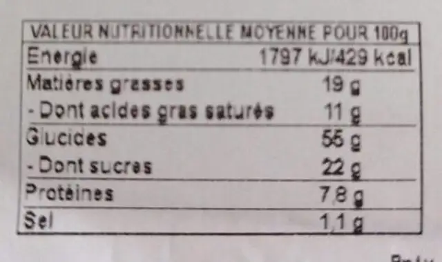 Torsadé chocolat nutrition facts table