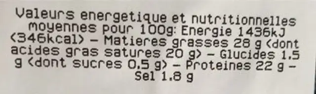 Tomme des pyrenees nutrition facts table