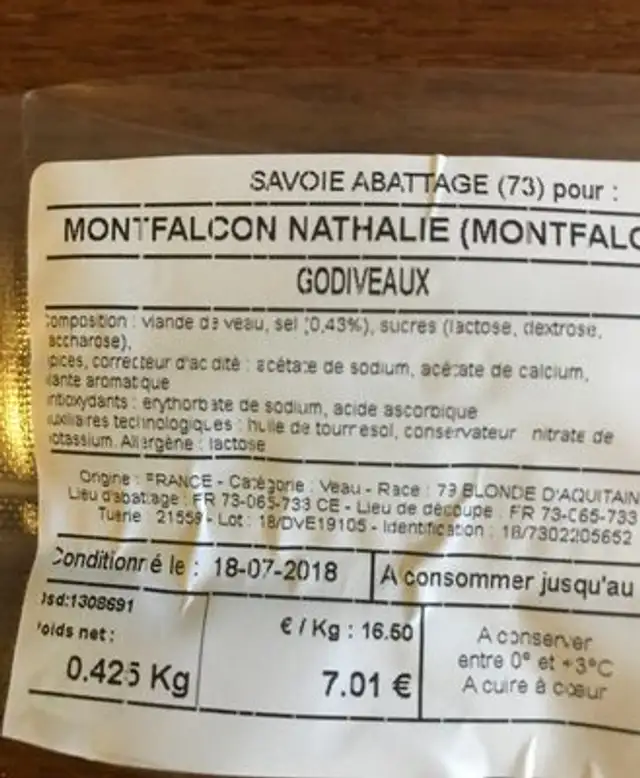 Godiveaux ingredients label