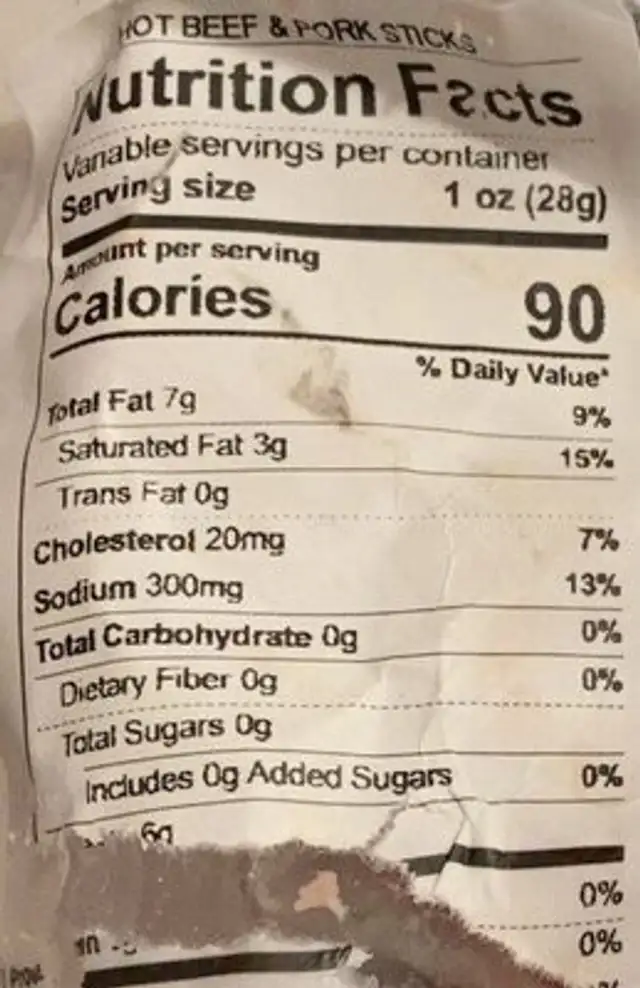 Hot Beef and pork stick ends nutrition facts table