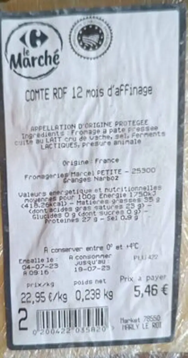 Comté 12 mois d’affinage nutrition facts table