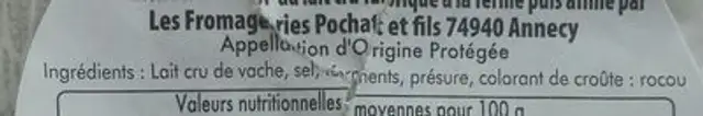 Reblochon de Savoie ingredients label
