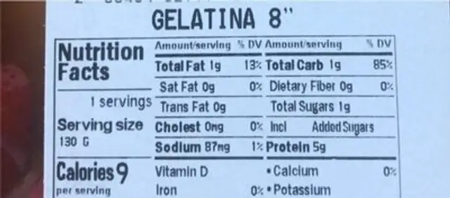 Gelatina nutrition facts table