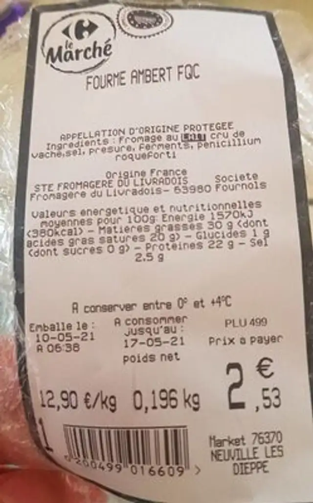 Fourme ambert FQC nutrition facts table
