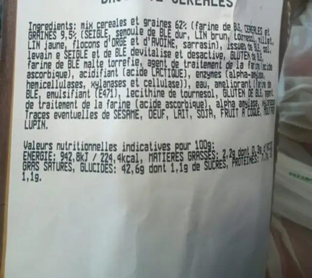 Baguette céréales ingredients label