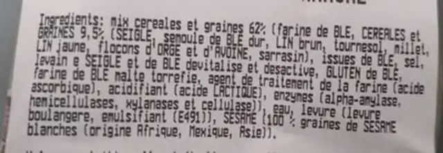 Pain céréales tranche ingredients label