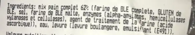 Pain complet tranche ingredients label