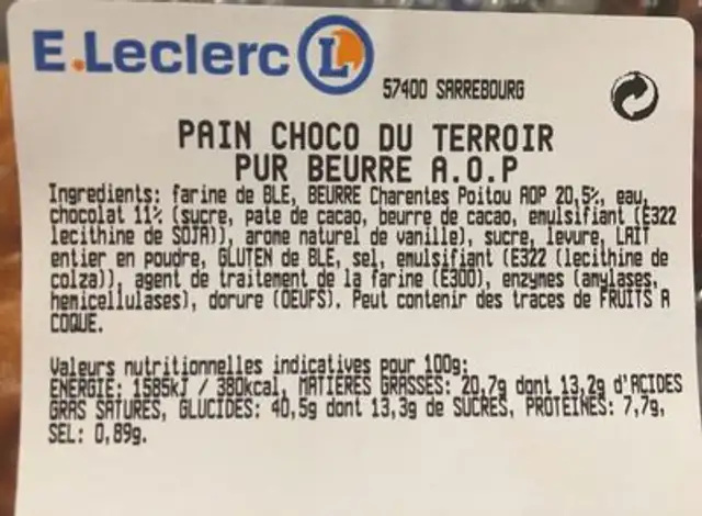 Pain choco du terroir pur beurre A.O.P ingredients label