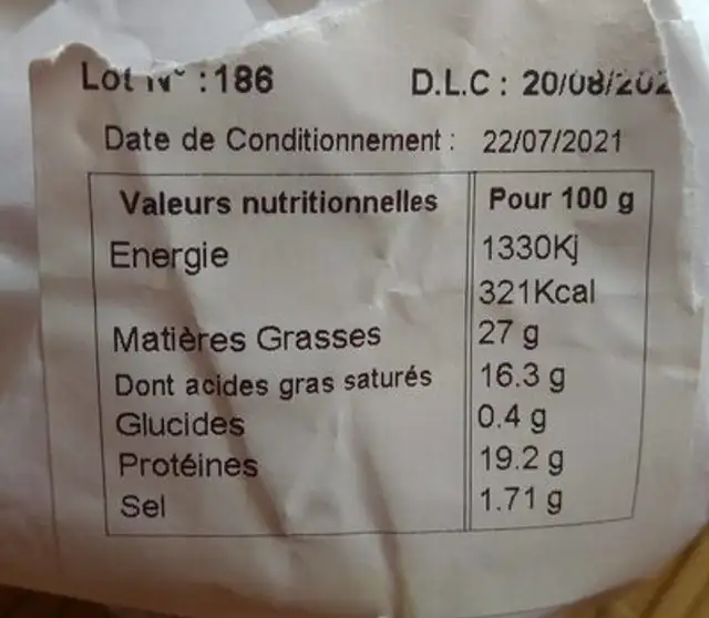 Le Petit Mournier nutrition facts table