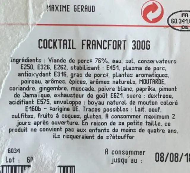 Saucisse cocktail Francfort ingredients label