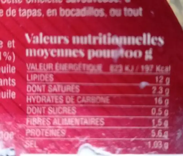 Tortilla au chorizo nutrition facts table