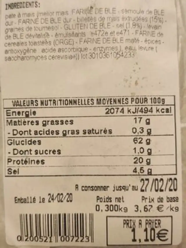 Pain au maïs 300gr nutrition facts table