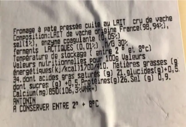 Saint Mont des Alpes au Lait nutrition facts table