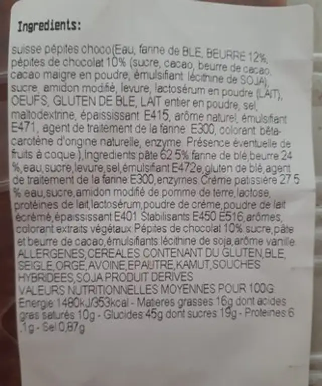 Suisse Long Chocolat ×2 ingredients label