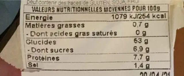 Pain aux figues nutrition facts table