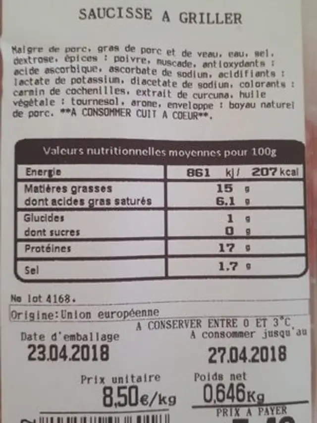 Saucisse à griller ingredients label