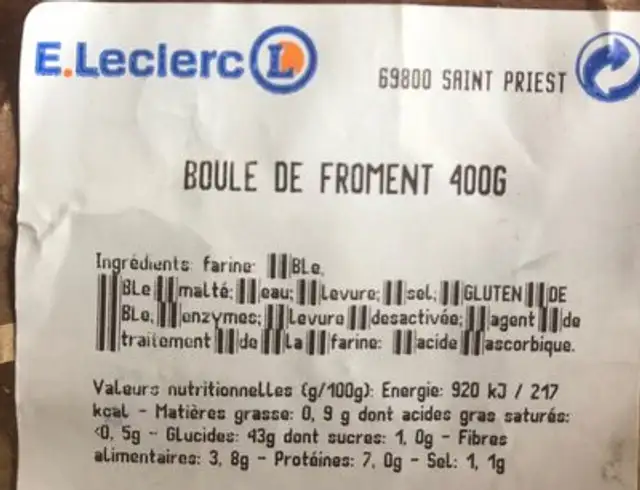 Boule de froment 400g ingredients label