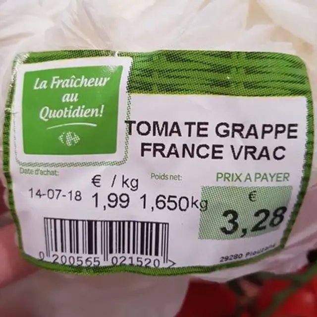 Tomate grappe France ingredients label