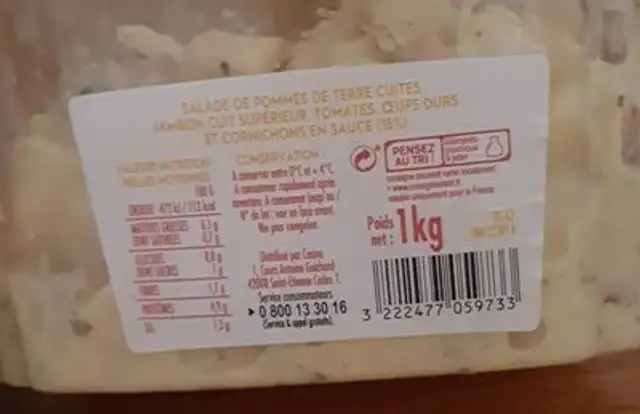 Piemontaise ingredients label