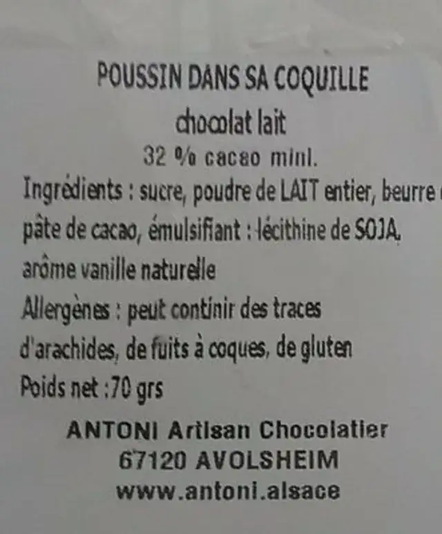 Poussin dans sa coquille en chocolat ( au lait ) ingredients label