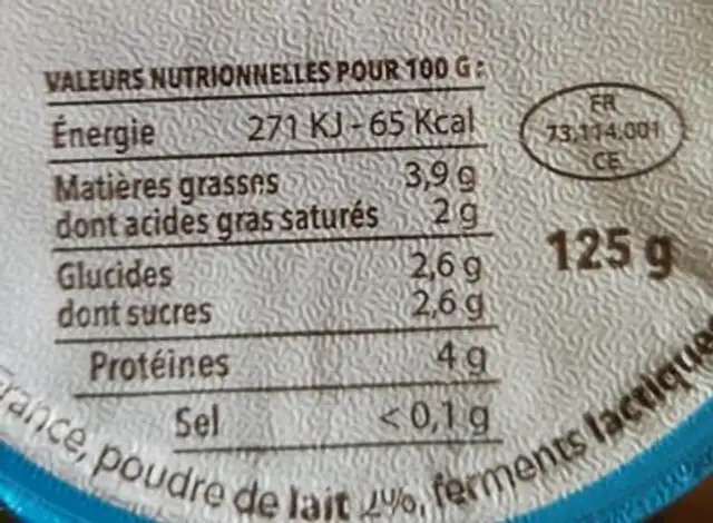 La Yahourt nature de Savoie nutrition facts table