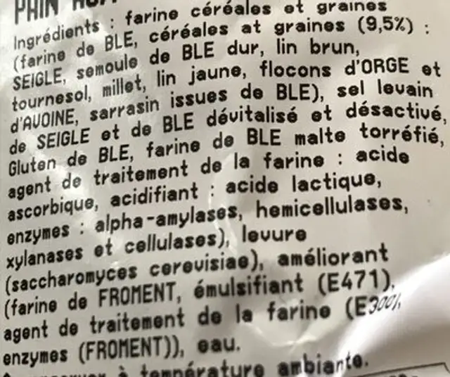 Pain aux 6 céréales ingredients label