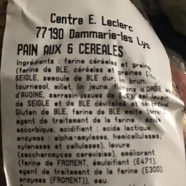 Pain aux céréales ingredients label