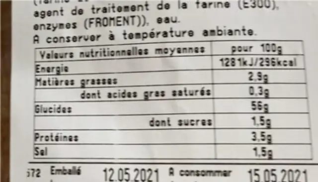 Pain aux 6 céréales nutrition facts table