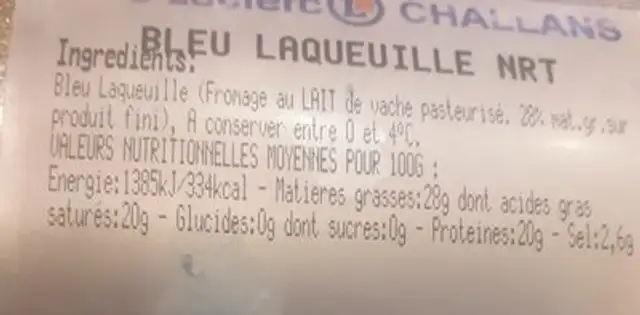 Bleu laqueuille NRT ingredients label