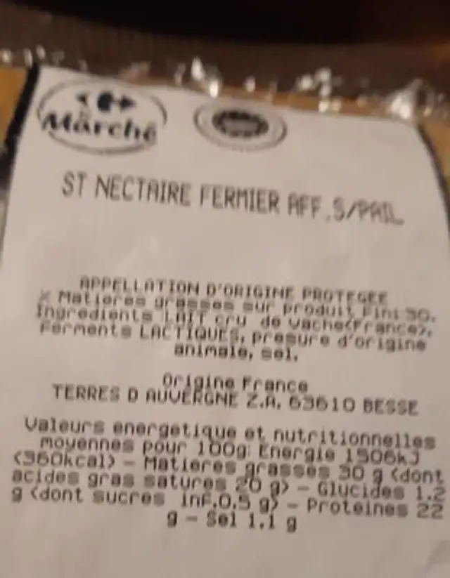 St nectaire fermier nutrition facts table