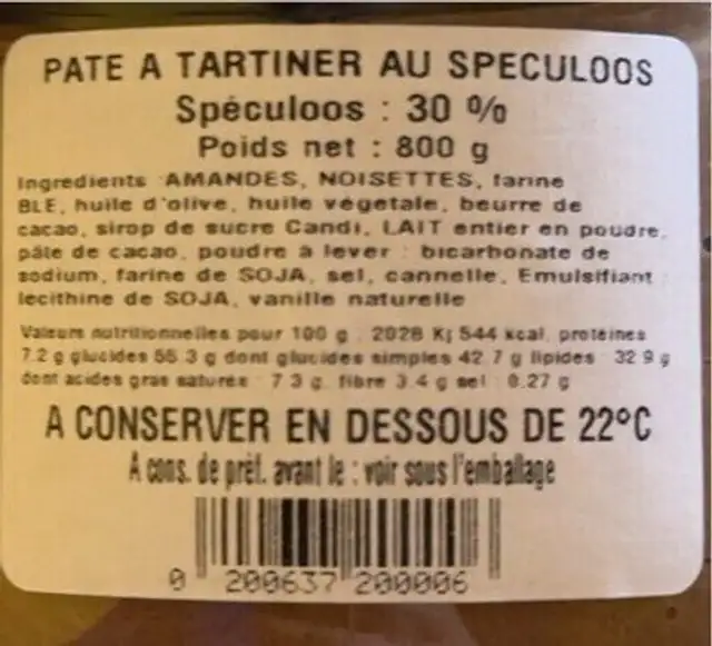 Pâte à tartiner nutrition facts table