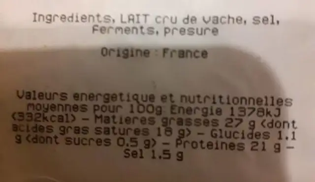 St Nectaire fermier nutrition facts table