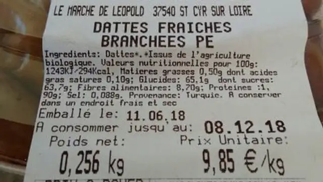 Dattes fraiches branchées ingredients label