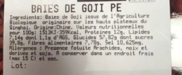 Baies de Goji ingredients label