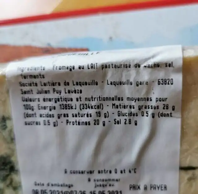 Bleu laqueuille nutrition facts table