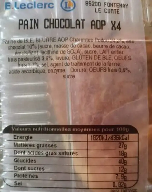 Pain chocolat AOP X4 nutrition facts table