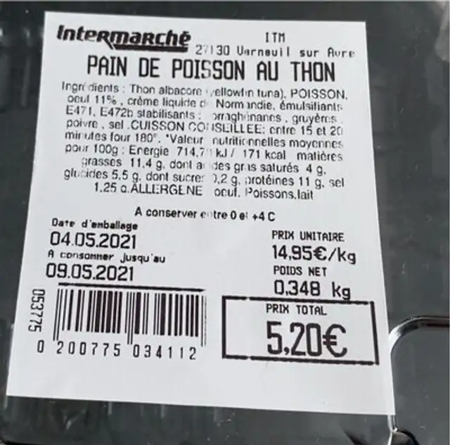 pain de poisson au thon nutrition facts table