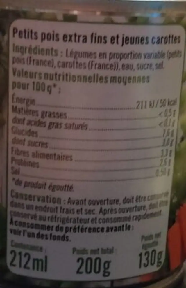 Petits pois carottes nutrition facts table