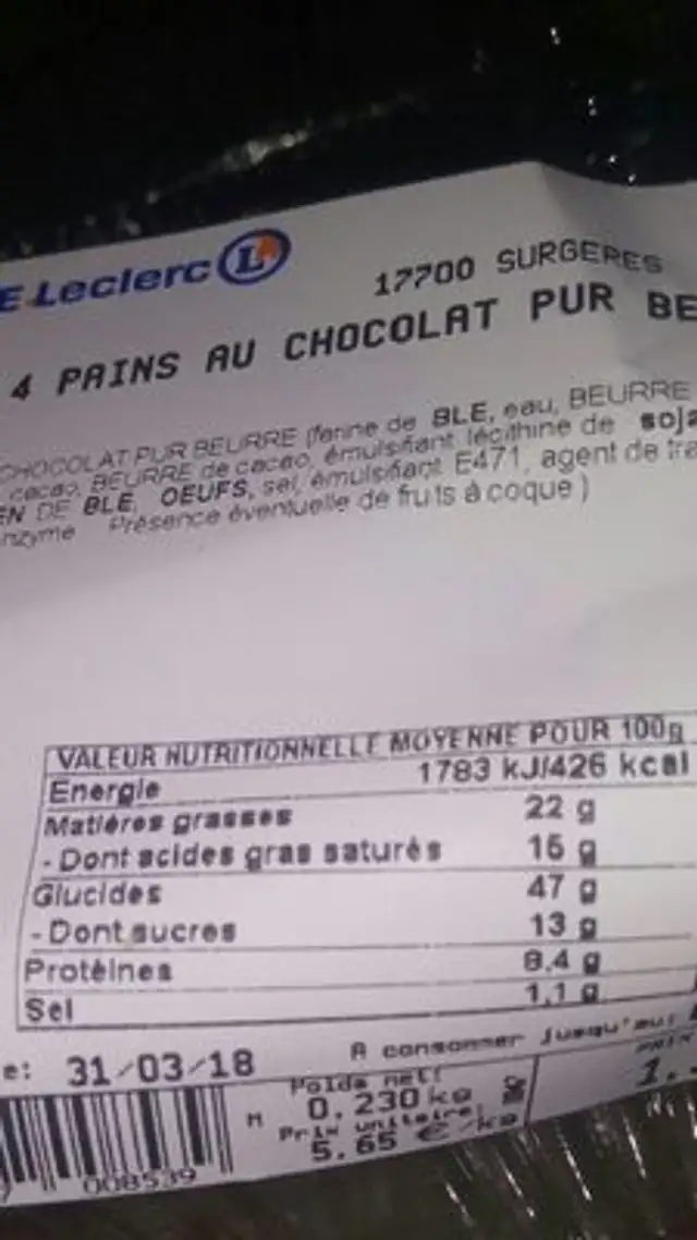 Pains au chocolat ingredients label