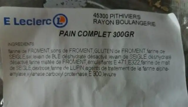 Pain complet nutrition facts table