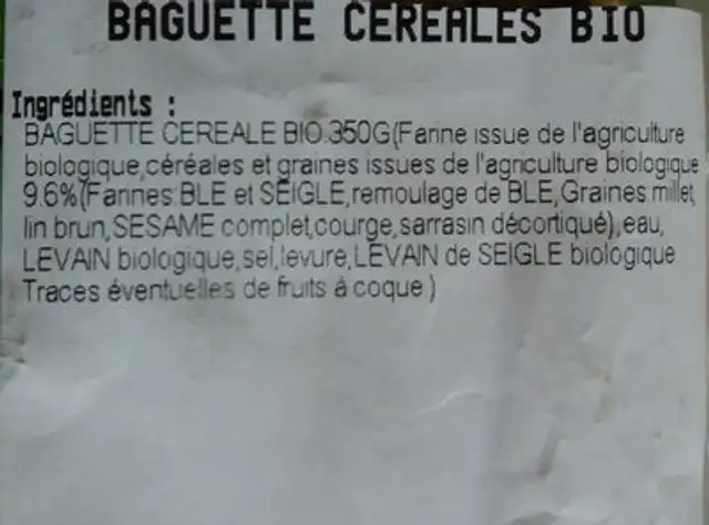 Baguette céréales bio ingredients label