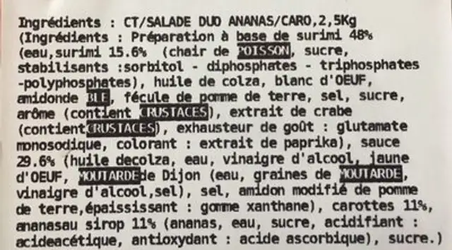 Salade alaska ingredients label