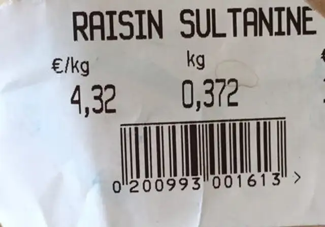 Raisin sultanine ingredients label